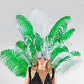 Load image into Gallery viewer, Green & white Ostrich Feather Open Face Headdress & backpiece Set.
