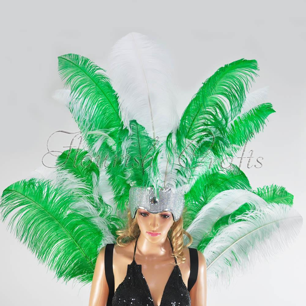 Green & white Ostrich Feather Open Face Headdress & backpiece Set.