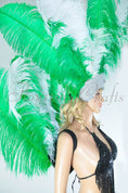 Load image into Gallery viewer, Green & white Ostrich Feather Open Face Headdress & backpiece Set.
