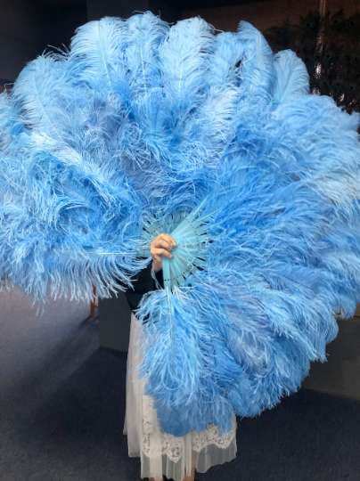 XL 2 Layers sky blue Ostrich Feather Fan 34''x 60'' with Travel leather Bag.