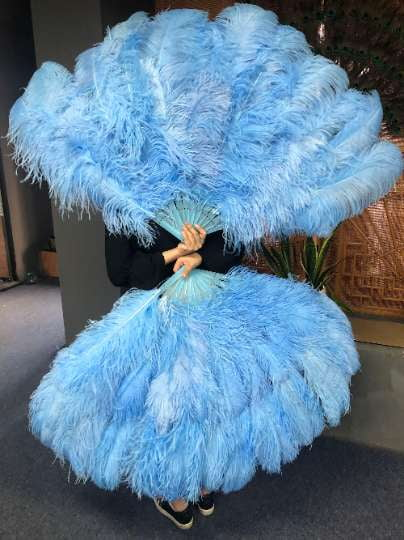 XL 2 Layers sky blue Ostrich Feather Fan 34''x 60'' with Travel leather Bag.