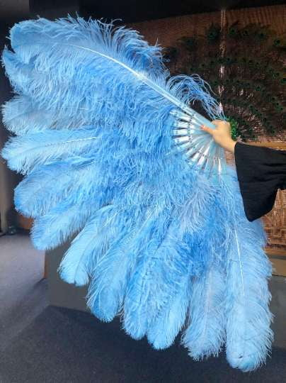 XL 2 Layers sky blue Ostrich Feather Fan 34''x 60'' with Travel leather Bag.