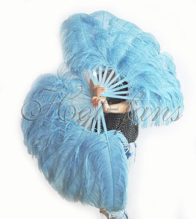 hotfans Burlesque 4 Layers Baby Blue Ostrich Feather Fan Opened 67'' with Travel Leather Bag for A Pair