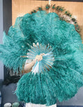 Load image into Gallery viewer, teal single layer Ostrich Feather Fan with leather travel Bag 25"x 45".
