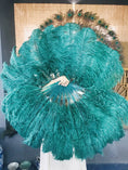 Load image into Gallery viewer, teal single layer Ostrich Feather Fan with leather travel Bag 25"x 45".
