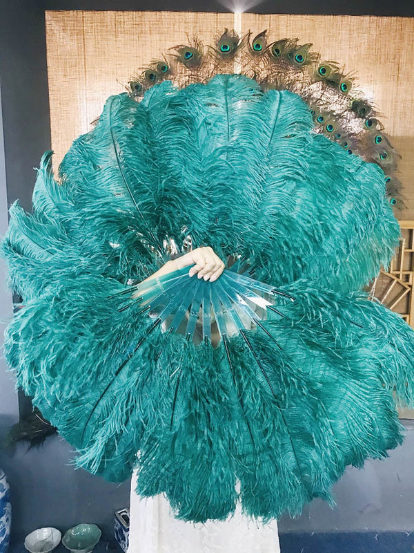 Abanico de plumas de avestruz de una sola capa verde azulado con bolsa de viaje de cuero 25