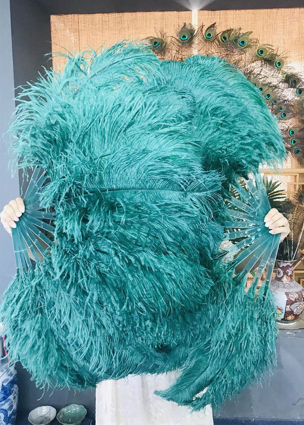 Abanico de plumas de avestruz de una sola capa verde azulado con bolsa de viaje de cuero 25