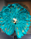 Load image into Gallery viewer, Teal Double side ostrich Feather Fan with Peacock Feathers opened 180 degree 25"x 60".
