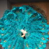 Teal Double side ostrich Feather Fan with Peacock Feathers opened 180 degree 25"x 60".