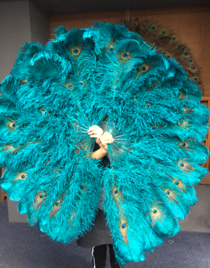 Abanico de plumas de avestruz de doble cara verde azulado con plumas de pavo real abierto 180 grados 25&quot;x 60&quot;.