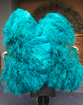 Load image into Gallery viewer, Teal Double side ostrich Feather Fan with Peacock Feathers opened 180 degree 25"x 60".
