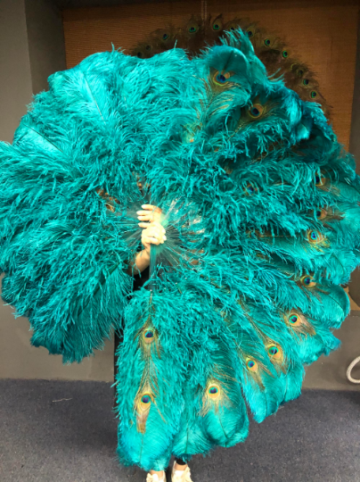Abanico de plumas de avestruz de doble cara verde azulado con plumas de pavo real abierto 180 grados 25
