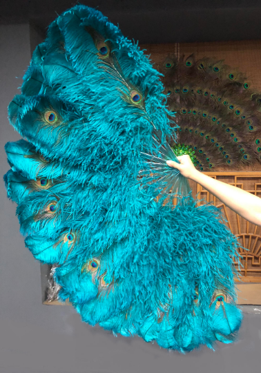 Teal Double side ostrich Feather Fan with Peacock Feathers opened 180 degree 25"x 60".