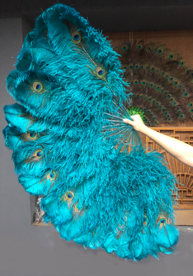 Teal Double side ostrich Feather Fan with Peacock Feathers opened 180 degree 25