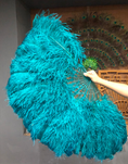 Load image into Gallery viewer, Teal Double side ostrich Feather Fan with Peacock Feathers opened 180 degree 25"x 60".
