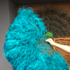 Teal Double side ostrich Feather Fan with Peacock Feathers opened 180 degree 25"x 60".