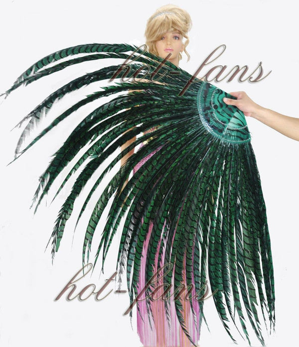 Abanico de plumas de faisán enorme de 71 "de lujo en verde bosque con bolsa de viaje de cuero.