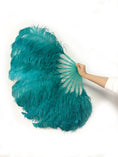 Load image into Gallery viewer, teal single layer Ostrich Feather Fan with leather travel Bag 25"x 45".
