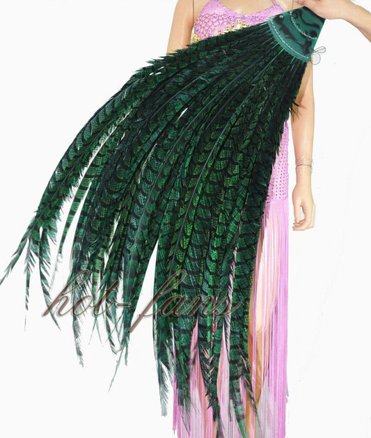 Forest Green Luxury 71" Tall huge Pheasant Feather Fan with Travel leather Bag.