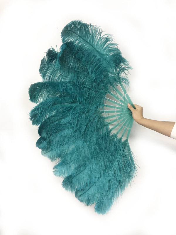 teal single layer Ostrich Feather Fan with leather travel Bag 25