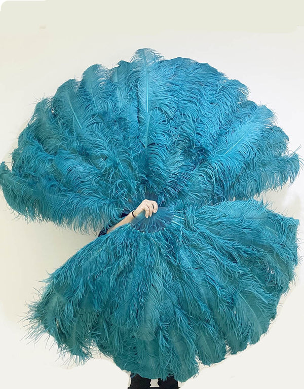 Teal 3 Layers Ostrich Feather Fan Opened 65" with Travel leather Bag.