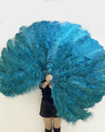 Load image into Gallery viewer, Teal 3 Layers Ostrich Feather Fan Opened 65" with Travel leather Bag.
