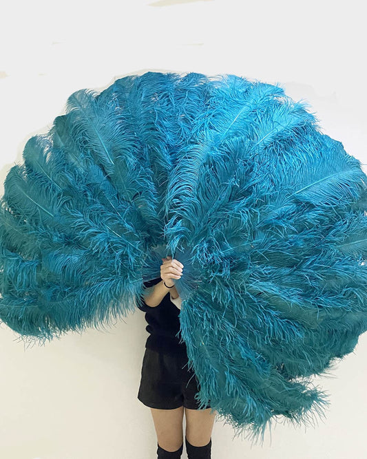 Teal 3 Layers Ostrich Feather Fan Opened 65" with Travel leather Bag.