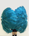 Load image into Gallery viewer, Teal 3 Layers Ostrich Feather Fan Opened 65" with Travel leather Bag.
