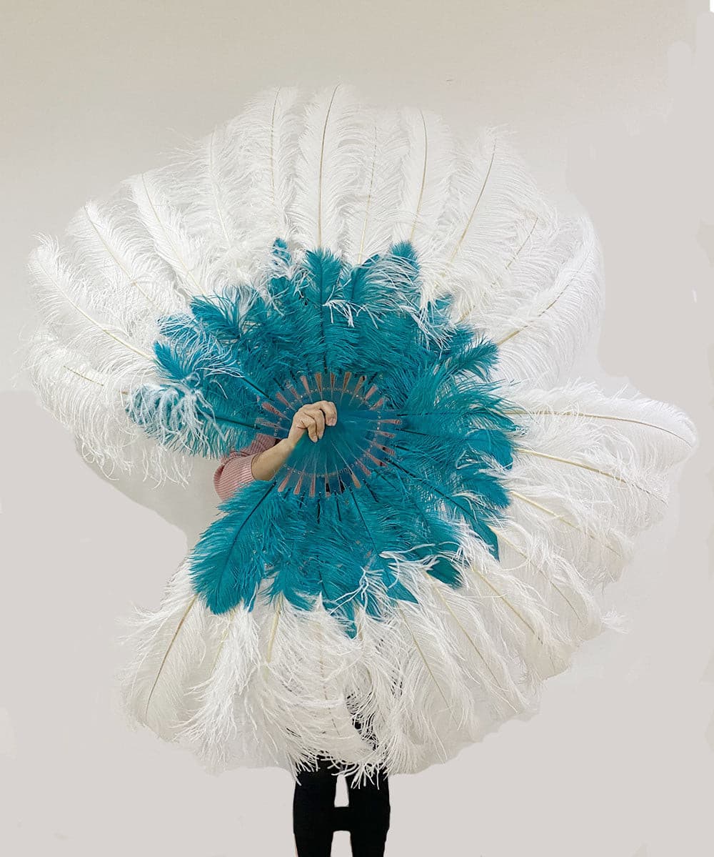 Mix teal & white 2 Layers Ostrich Feather Fan 30''x 54'' with Travel leather Bag.