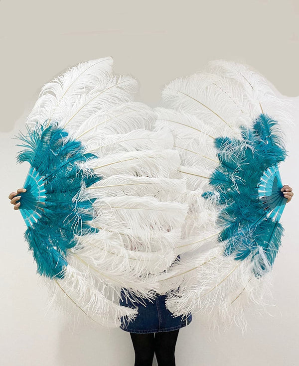 Mix teal & white 2 Layers Ostrich Feather Fan 30''x 54'' with Travel leather Bag.