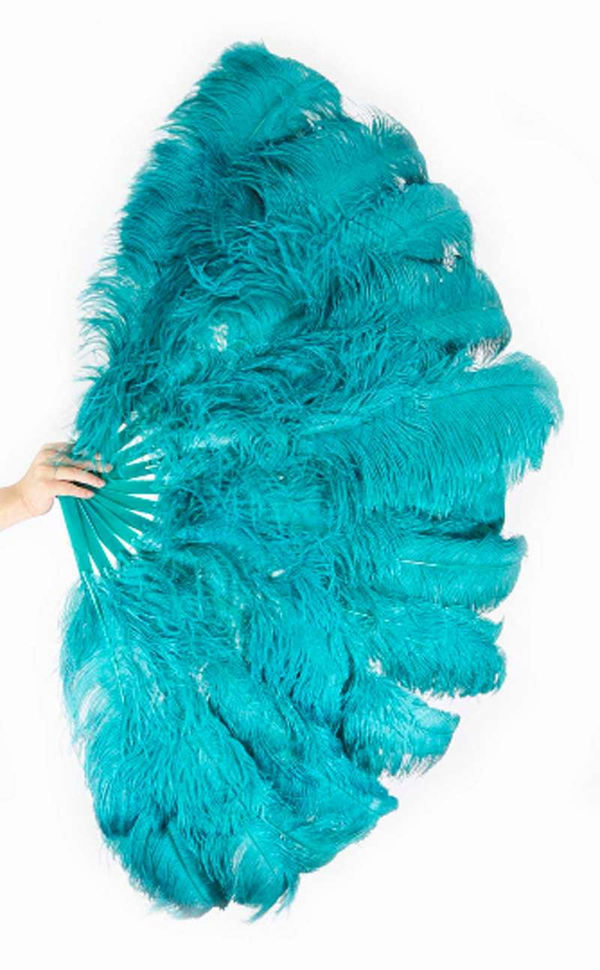 Abanico de plumas de avestruz de 3 capas verde azulado abierto 65 "con bolsa de viaje de cuero.