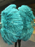 Load image into Gallery viewer, XL 2 Layers Teal Ostrich Feather Fan 34''x 60'' with Travel leather Bag.
