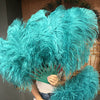 A pair teal Single layer Ostrich Feather fan 24"x 41" with leather travel Bag.