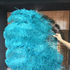 Leque de penas de avestruz verde-azulado de 2 camadas 30&quot; x 54&quot; com bolsa de viagem de couro.