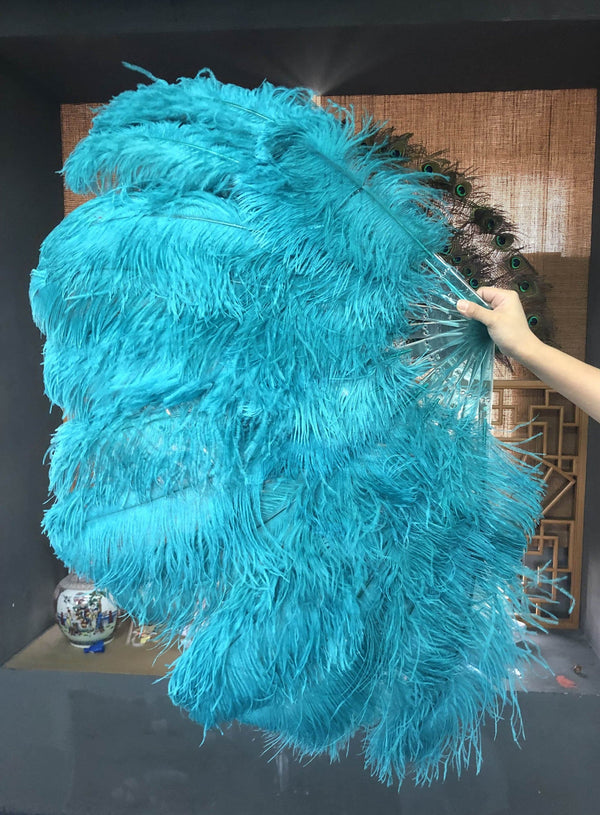 2 layers teal Ostrich Feather Fan 30