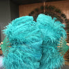 Un par de abanicos de plumas de avestruz de una sola capa de color verde azulado de 24&quot;x 41&quot; con bolsa de viaje de cuero.