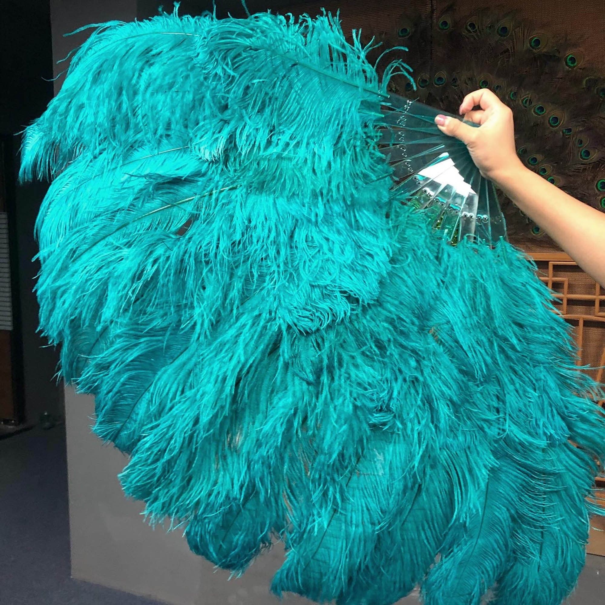 XL 2 Layers Teal Ostrich Feather Fan 34''x 60'' with Travel leather Bag.