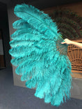 Load image into Gallery viewer, XL 2 Layers Teal Ostrich Feather Fan 34''x 60'' with Travel leather Bag.
