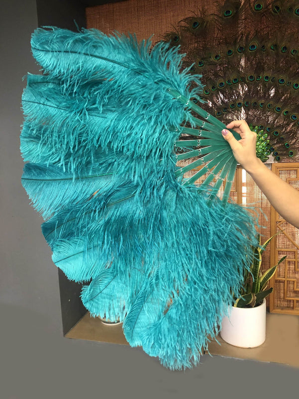 A pair teal Single layer Ostrich Feather fan 24