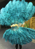 Load image into Gallery viewer, XL 2 Layers Teal Ostrich Feather Fan 34''x 60'' with Travel leather Bag.
