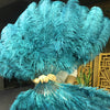 Abanico XL de 2 capas de plumas de avestruz verde azulado 34''x 60 '' con bolsa de viaje de cuero.