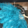 Abanico de plumas de avestruz verde azulado de 2 capas de 30 "x 54" con bolsa de viaje de cuero.