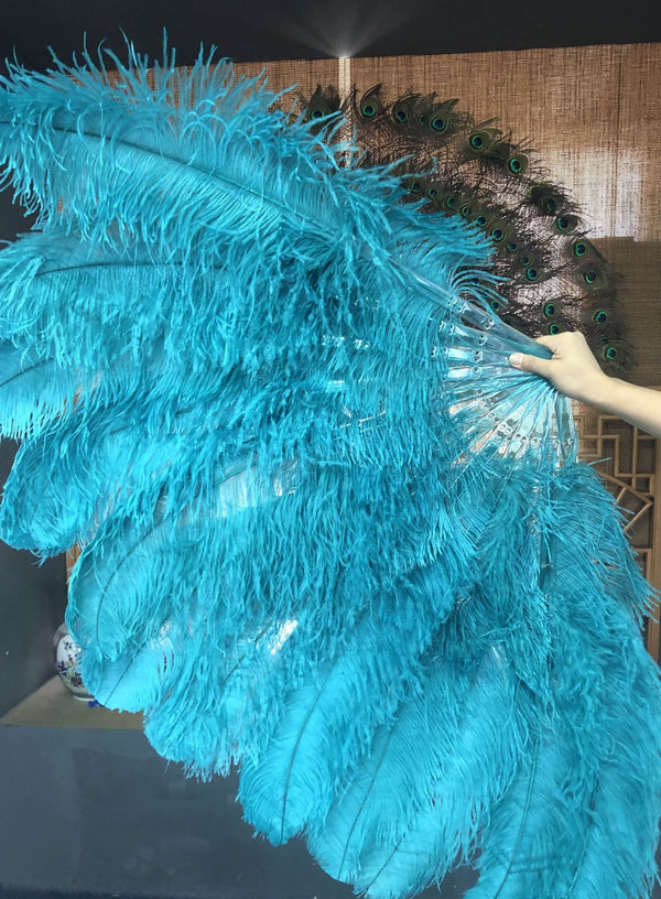 Abanico de plumas de avestruz verde azulado 2 capas 30