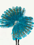 Load image into Gallery viewer, Teal XL 2 layers ostrich Feather Fan with Peacock Feathers 34''x 60'' with Travel leather Bag.
