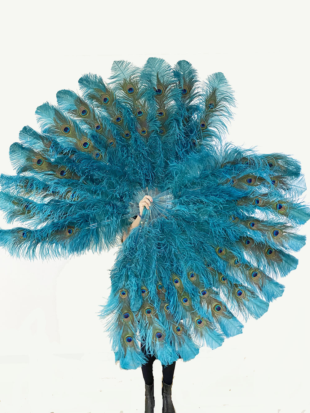 Teal XL 2 layers ostrich Feather Fan with Peacock Feathers 34''x 60'' with Travel leather Bag.