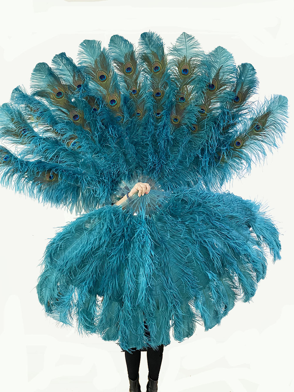 hotfans XL 2 Layers Sky Blue Ostrich Feather Fan 34''x 60'' with Travel Leather Bag Left Hand Fan / Transparent Staves