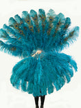 Load image into Gallery viewer, Teal XL 2 layers ostrich Feather Fan with Peacock Feathers 34''x 60'' with Travel leather Bag.
