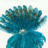Teal XL 2 layers ostrich Feather Fan with Peacock Feathers 34''x 60'' with Travel leather Bag.