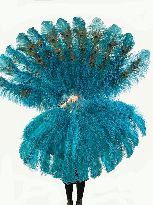 Abanico de plumas de avestruz verde azulado de 2 capas con plumas de pavo real de 34''x 60 '' con bolsa de viaje de cuero.