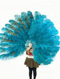 Load image into Gallery viewer, Teal XL 2 layers ostrich Feather Fan with Peacock Feathers 34''x 60'' with Travel leather Bag.
